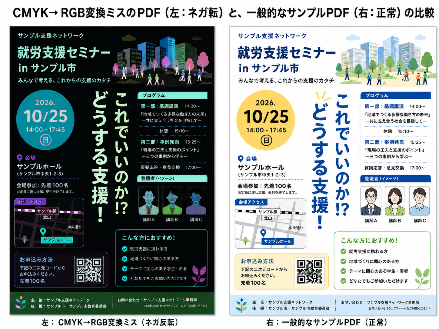 PDF/X-1形式で保存したPDF(左:真っ黒)と、「準拠する規格:なし」で保存し直したPDF(右:正常)