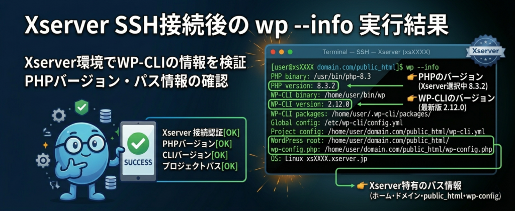 Xserver SSH接続後にwp --infoを実行した画面(PHPバージョンが表示されている状態)