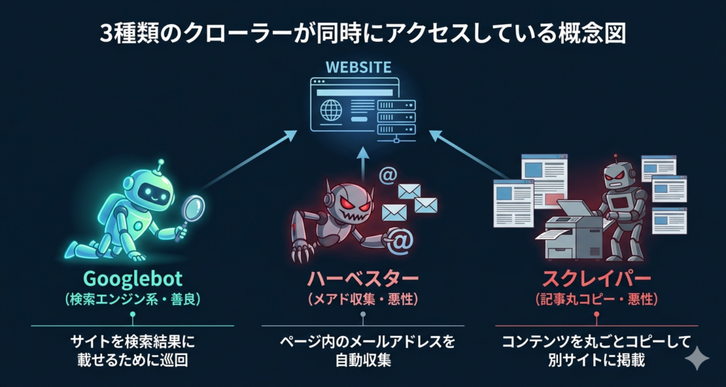 3種類のクローラーがサイトを巡回している概念図