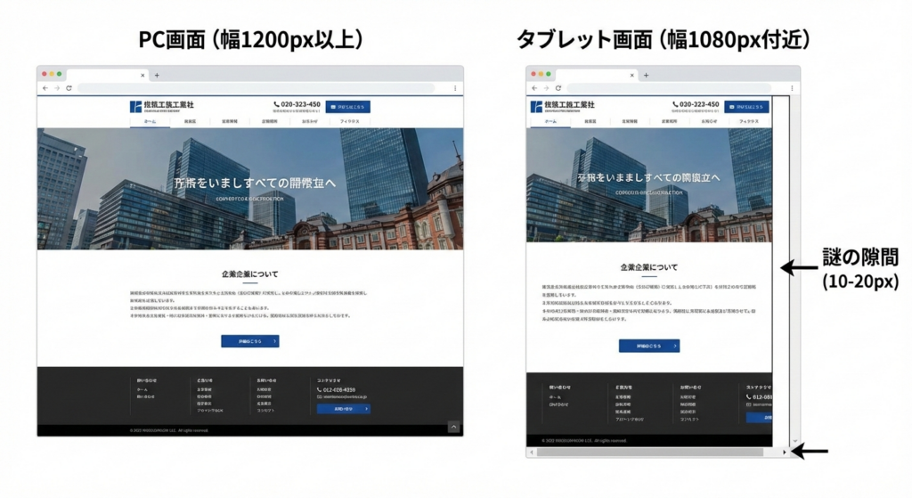 1080pxの方に右側の隙間と横スクロールバーが表示されている様子