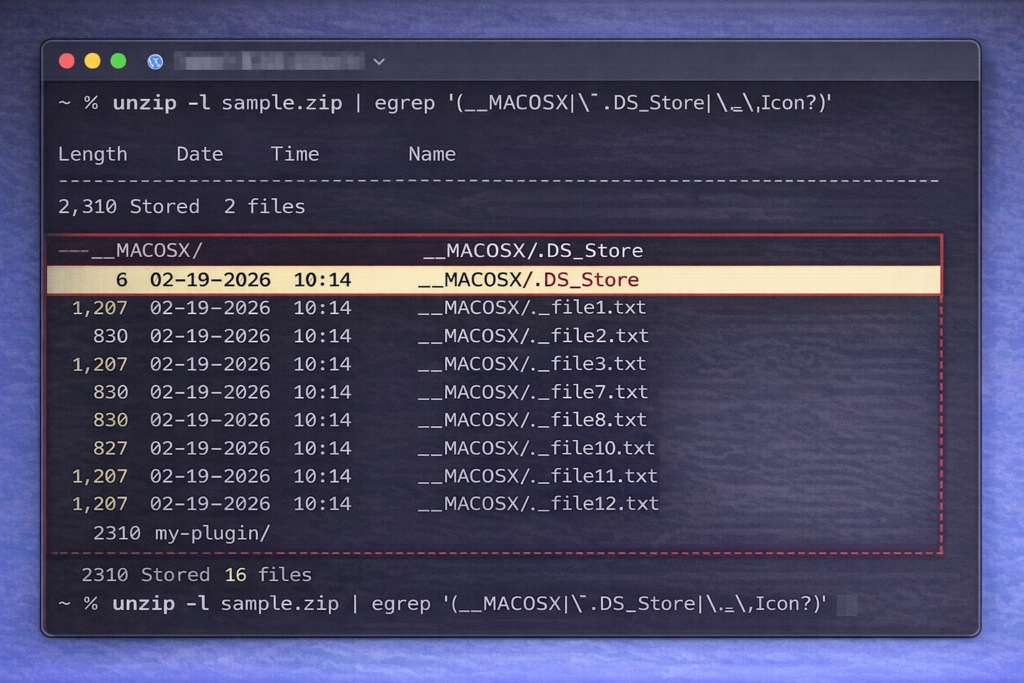 unzip -lで混入ファイルが表示されているターミナル画面