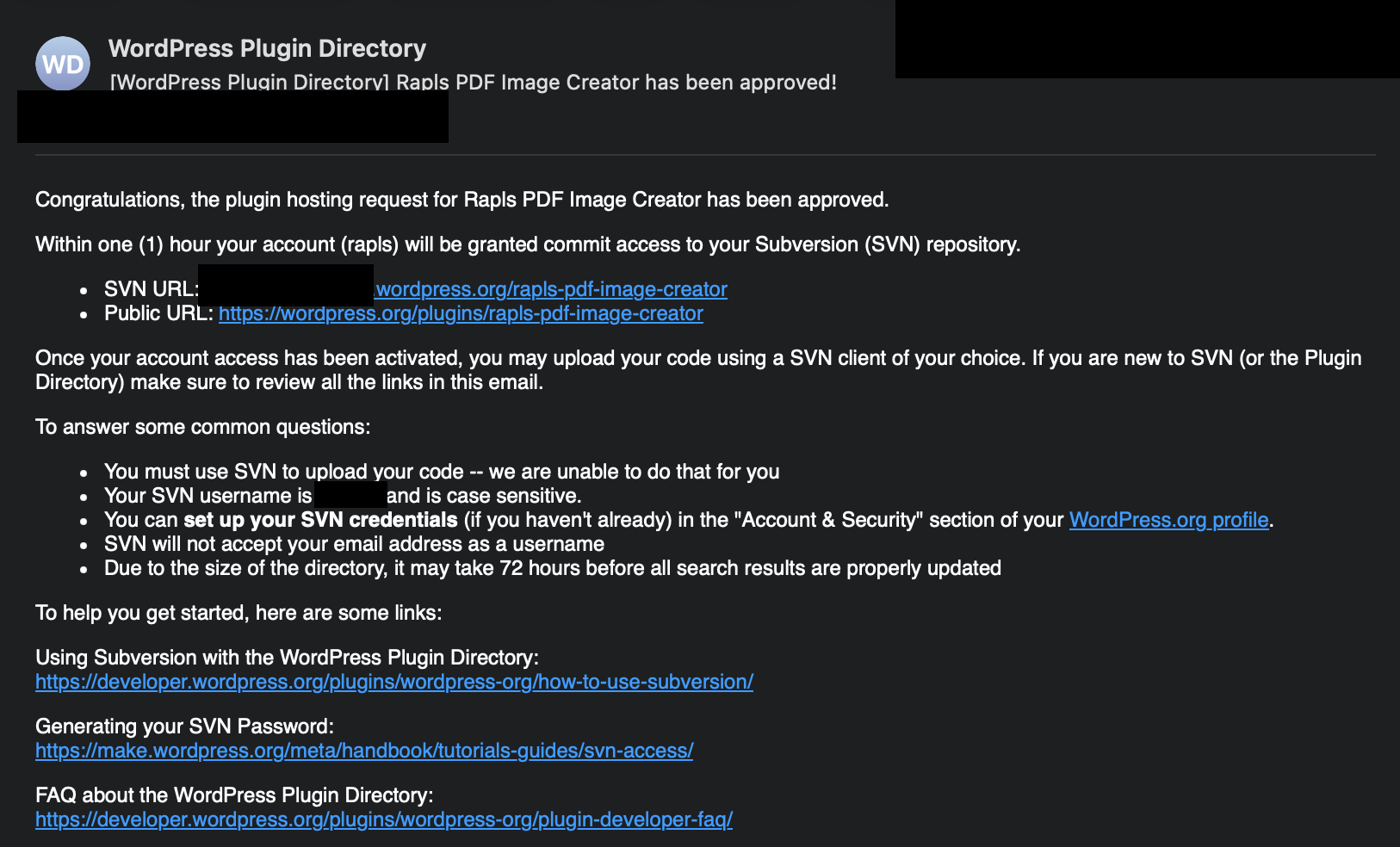 WordPress Plugin Directoryの承認メール