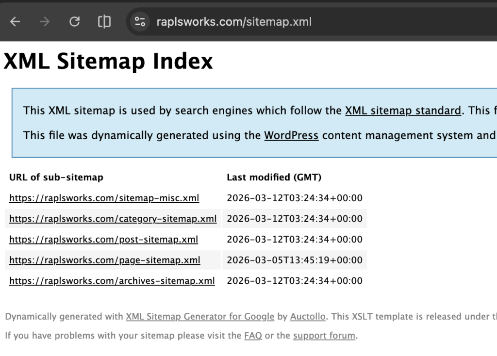 ブラウザでsitemap.xmlを開いてXMLが表示されれば正常。アドレスバーのURLも確認する