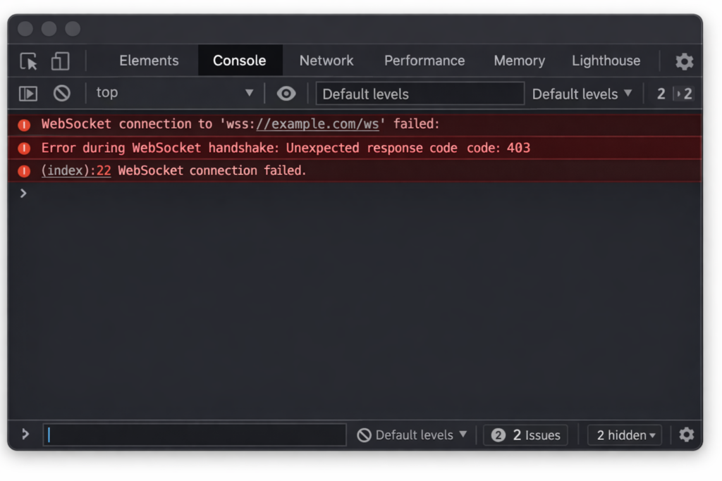 ブラウザのDevToolsコンソールにWebSocketのハンドシェイクエラーが表示されている画面