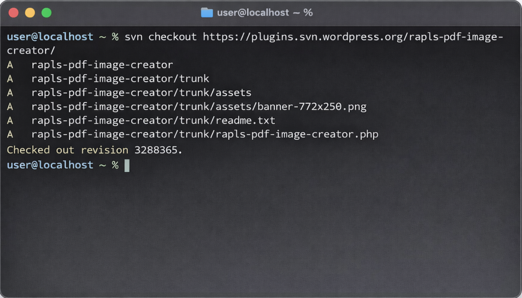 ターミナルでsvn checkoutを実行した画面