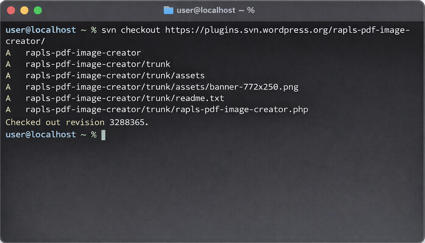 ターミナルでsvn checkoutを実行した画面
