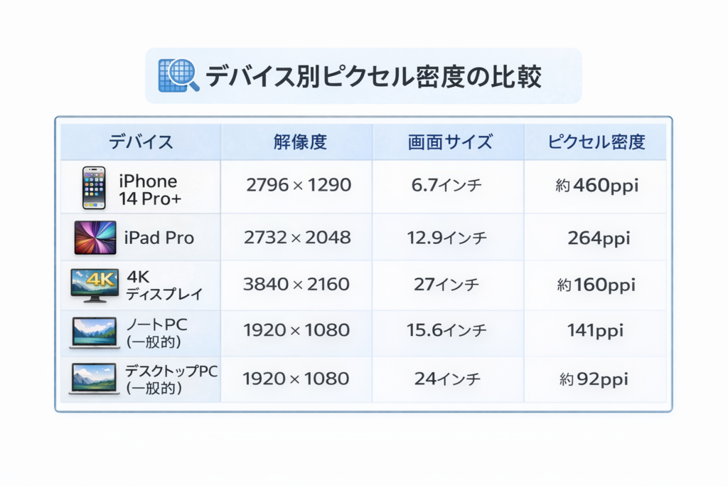 デバイス別ピクセル密度の比較表