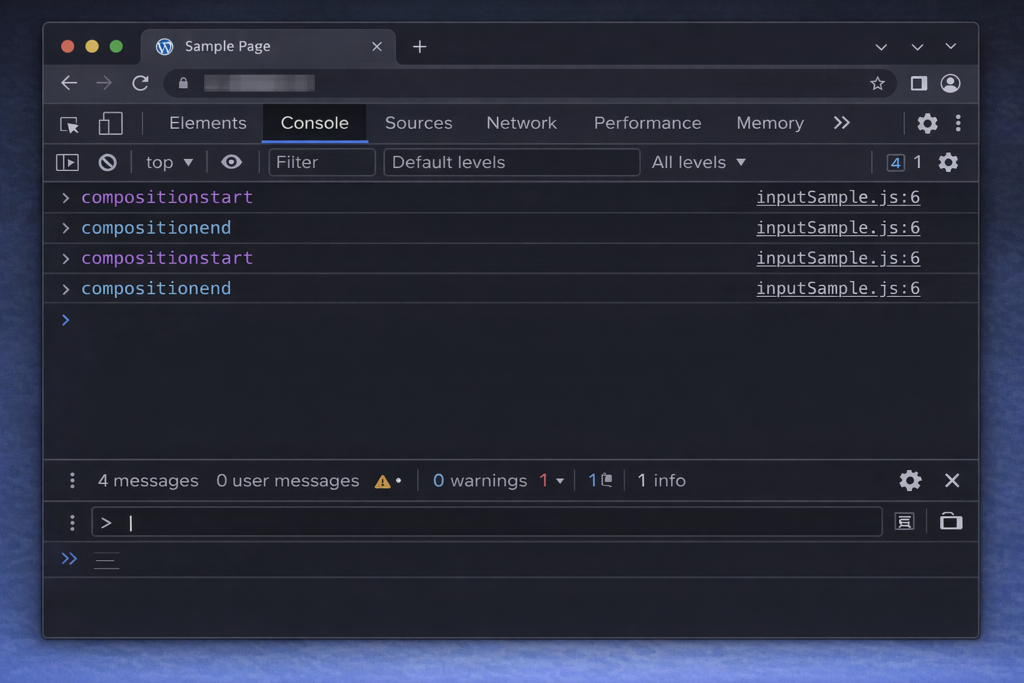 DevToolsのConsoleでcompositionイベントの発火を確認している画面
