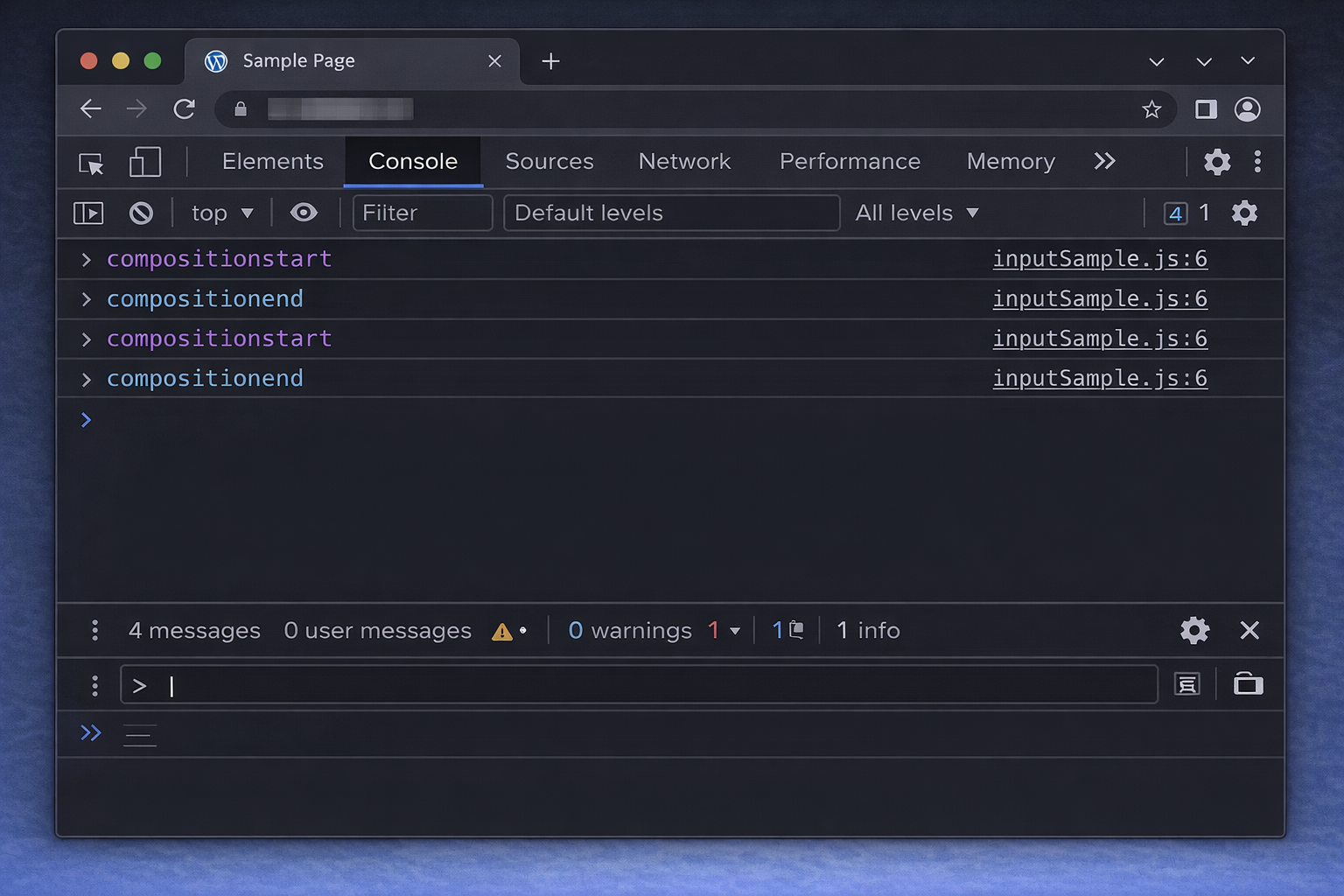 DevToolsのConsoleでcompositionイベントの発火を確認している画面