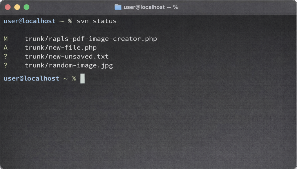 svn statusの実行結果（実際の作業時）