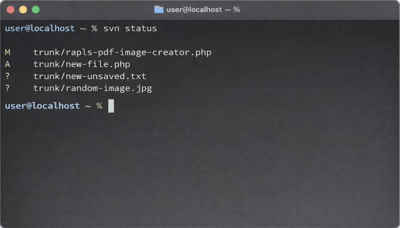 svn statusで未管理ファイルを確認している画面