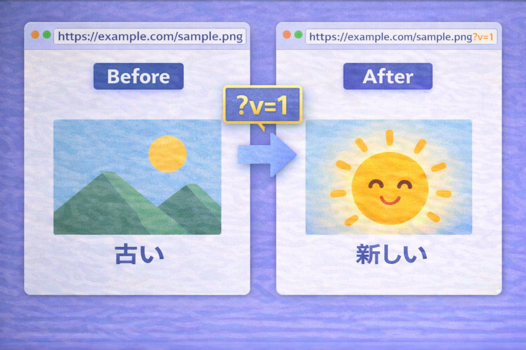 URLに?v=1を付けて新しい画像が表示された画面