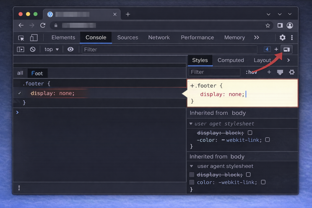 Stylesパネルで .footer に display: none を入力している画面