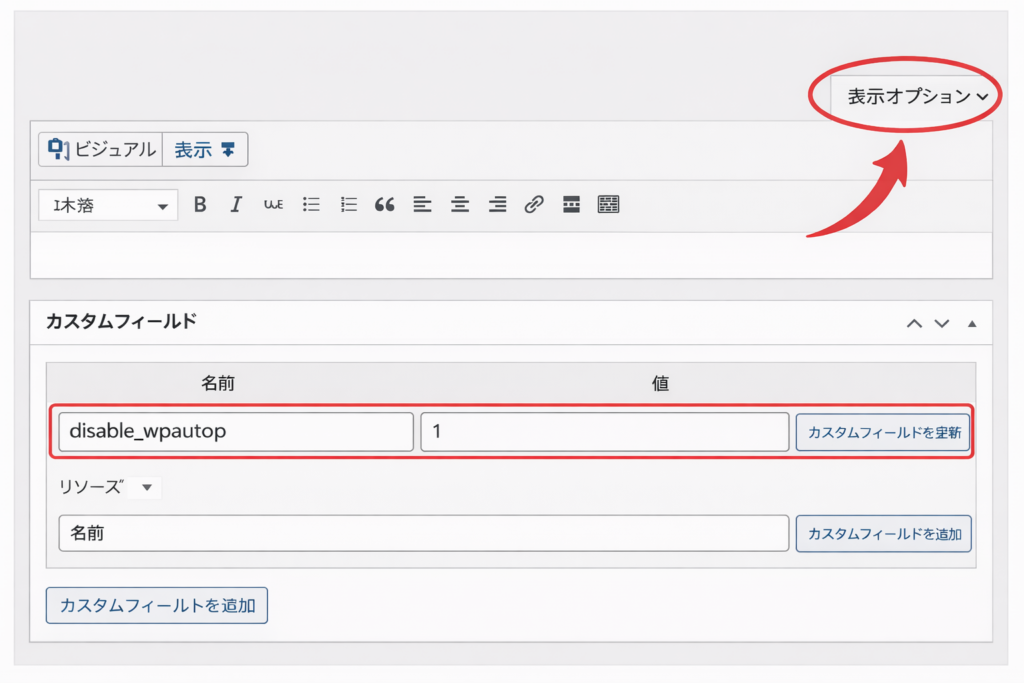 投稿編集画面のカスタムフィールドで disable_wpautop を設定している画面