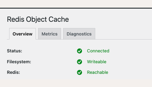 Redis Object Cacheの設定画面でStatusがConnectedになっている状態