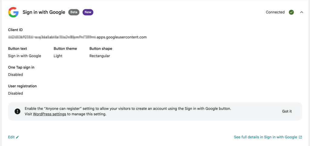 Site Kitの設定画面。Sign in with Googleが接続済みサービスとして表示されている