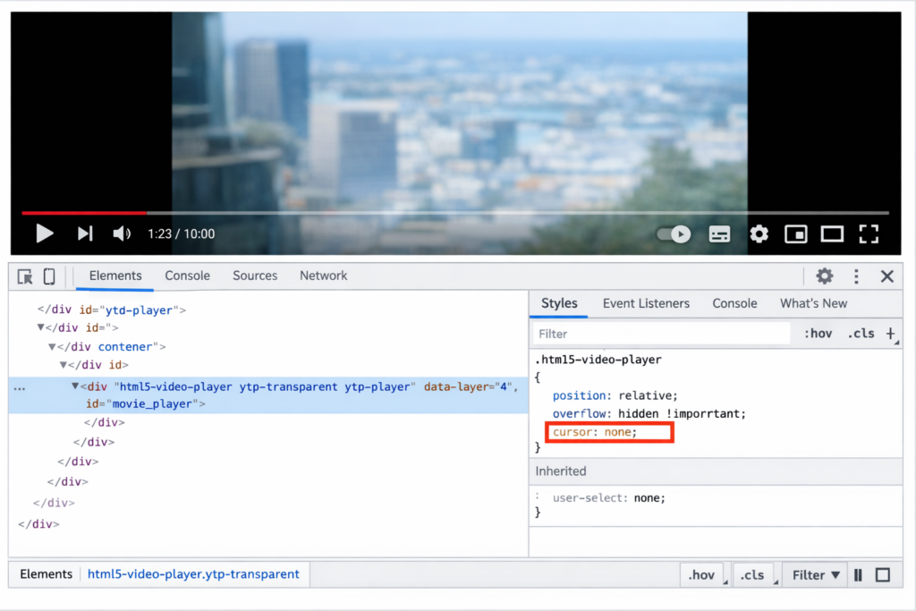 DevToolsでcursor: noneが表示されている画面