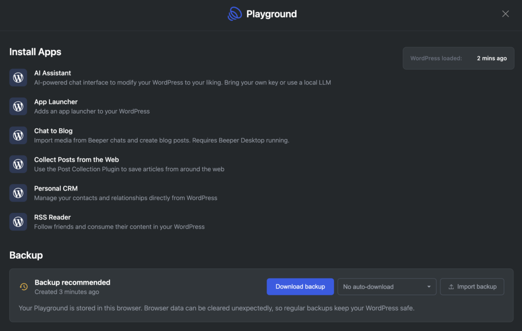 My WordPressのApp Catalog画面。Personal CRM・RSS Reader・Bookmarking Tool・AI WorkspaceのアプリをワンクリックでインストールできるApp Catalog