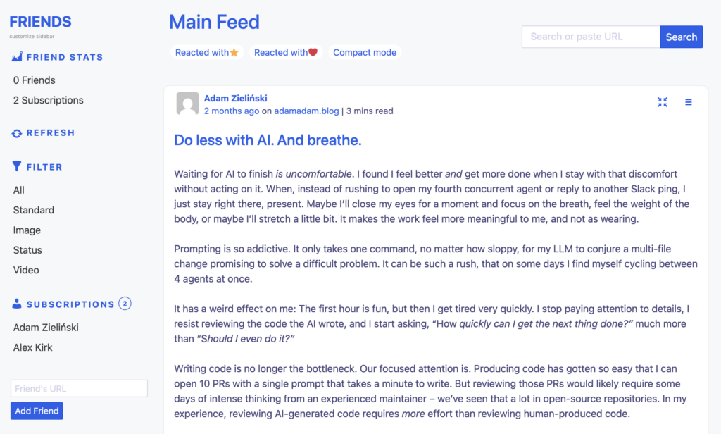 My WordPressのRSSリーダー機能(Friendsプラグイン)。フィードが表示されているMy Friends Feed画面