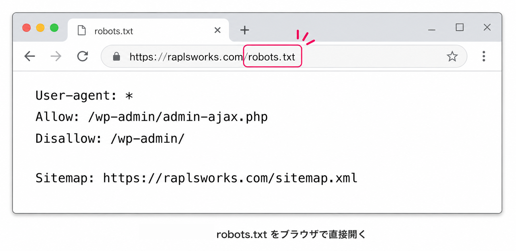 ブラウザのアドレスバーに raplsworks.com/robots.txt と入力し、テキスト形式で表示されている画面