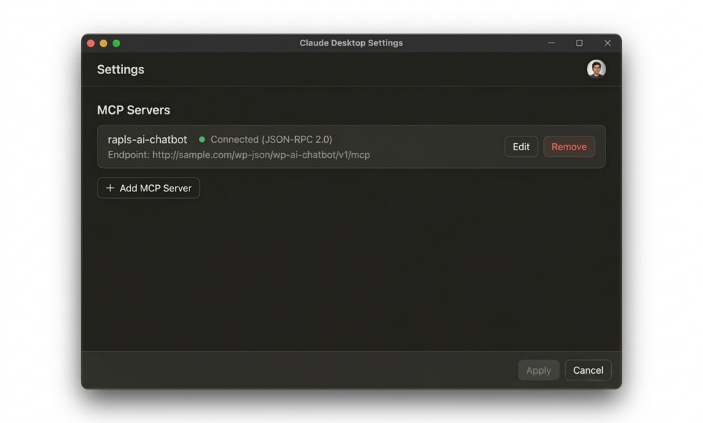 Claude DesktopのMCP設定でRapls AI Chatbotサーバーが接続済みの画面