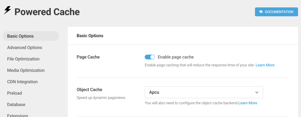 Powered Cache の Basic Option 画面(Object Cache セクション)