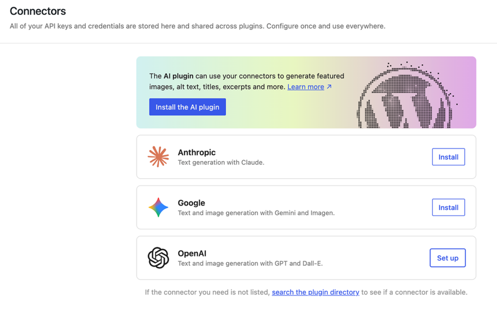 WordPress 7.0のSettings > Connectors管理画面。OpenAI・Anthropic・Googleの3プロバイダーがカード形式で表示