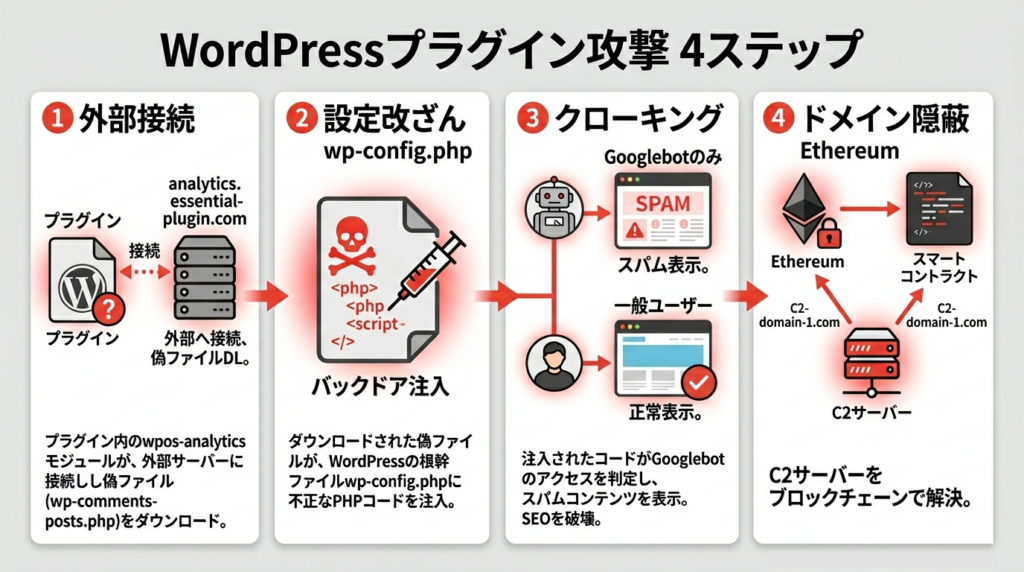 バックドア攻撃の4ステップ図解
