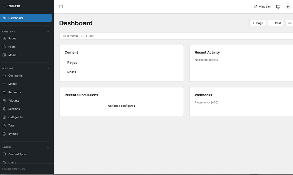 EmDash adminパネルのスクリーンショット