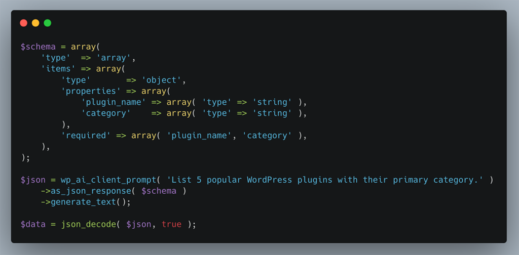 "wp_ai_client_prompt()の実行コード例をハイライト表示した画面