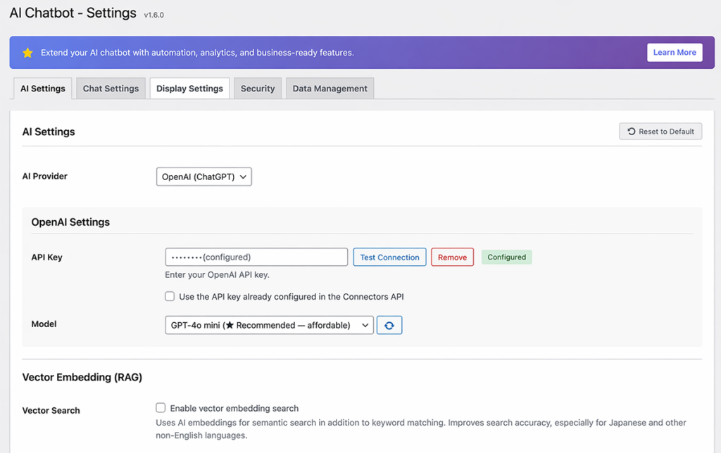 Rapls AI Chatbotのプラグイン設定画面。Connectors API切り替えチェックボックスが表示されている
