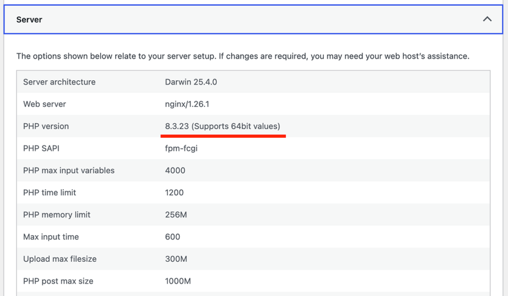 WordPress 管理画面 → ツール → サイトヘルス → 情報タブ のスクリーンショット