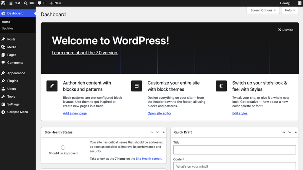 WordPress 7.0 管理画面(ダッシュボード)の全体スクリーンショット