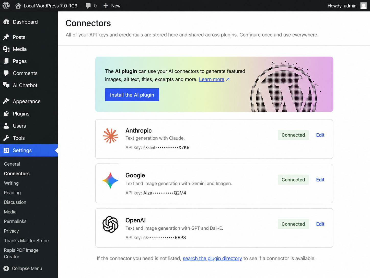 API キーを 3 プロバイダーすべてに設定した後の Connectors 画面
