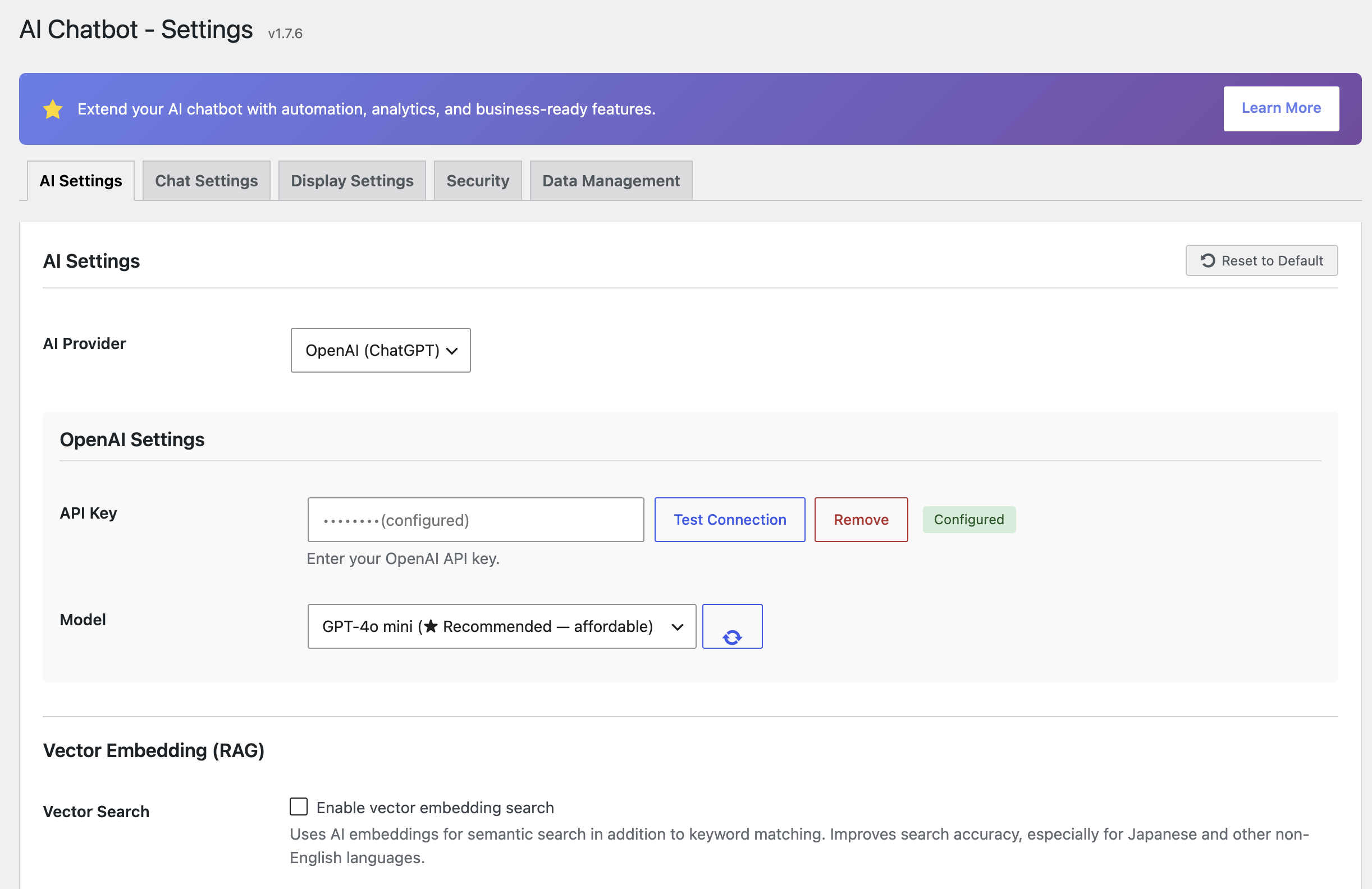 Rapls AI Chatbot の現在の設定画面