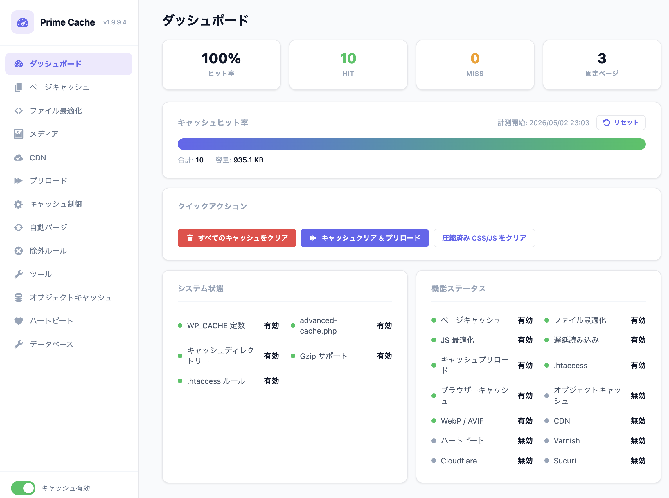 Prime Cache ダッシュボード — キャッシュヒット率・機能ステータス・ストレージ使用量の概要