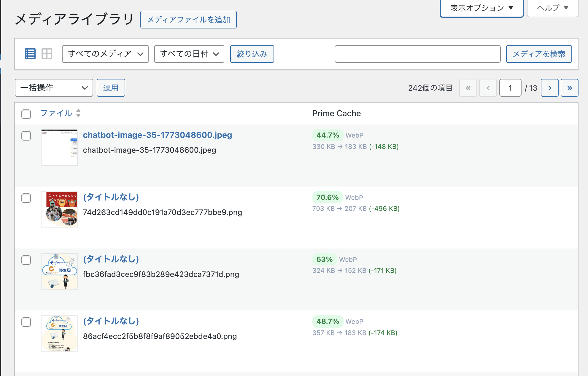 Prime Cache のメディアライブラリ列 — 画像ごとに WebP / AVIF 変換後の圧縮率が表示されている