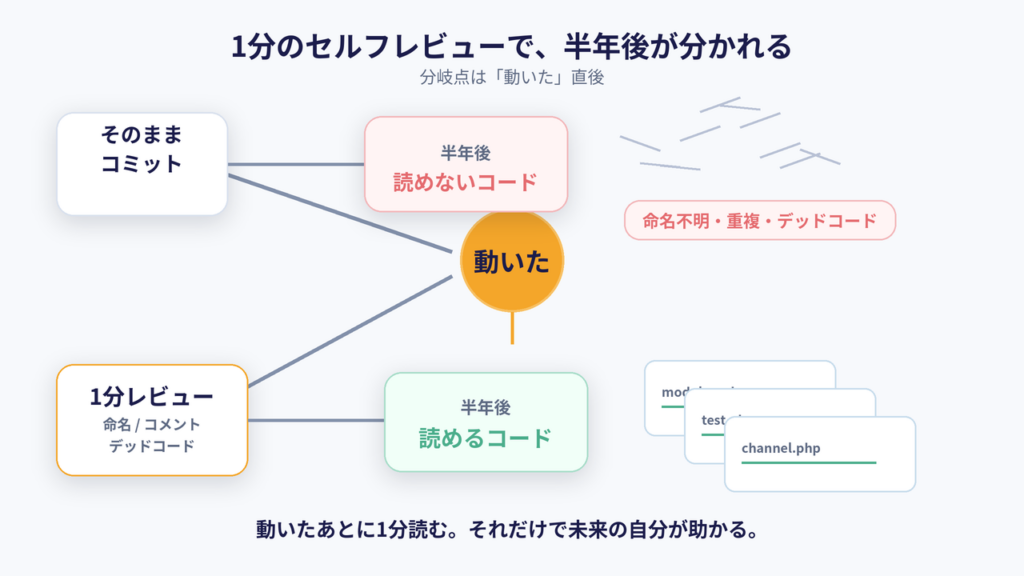 「動いた瞬間 = 完成」だと思っている人と、「動いた瞬間 = 1分のセルフレビューの入り口」にしている人の分岐図