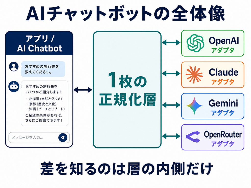 4社のLLM APIを1枚の層で吸収したAIチャットボット設計 | Rapls Works