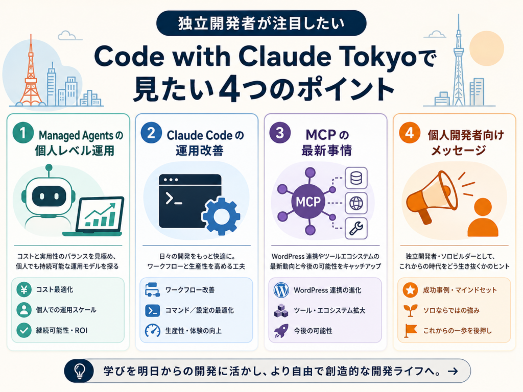 個人開発者として注目している4つの軸(Managed Agents / Claude Code 運用面 / MCP / 個人開発者向けメッセージ)