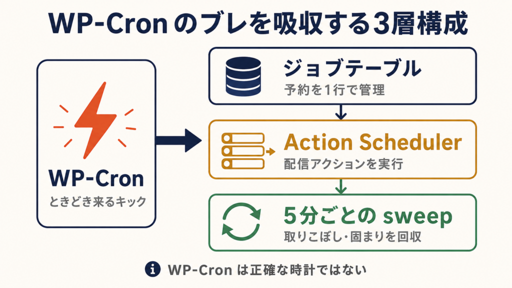 3層構成(ジョブテーブル/Action Scheduler/5分ごとの見回り)