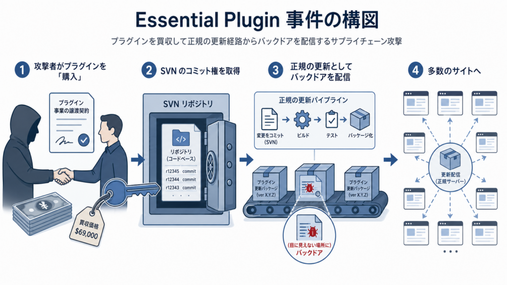 プラグインを買収して正規の更新経路から不正なコードを配信する供給経路の図