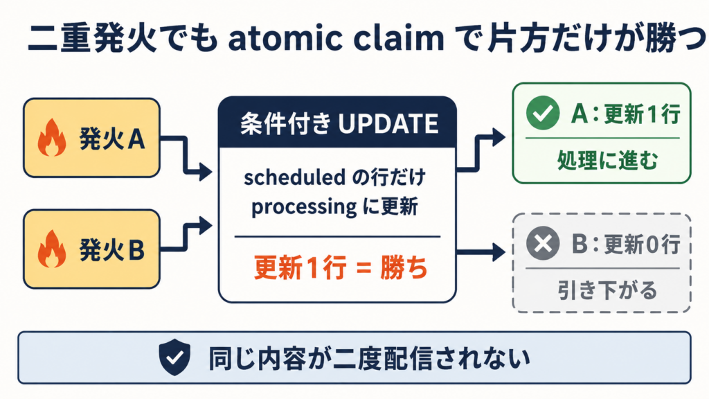 二重発火しても atomic claim で片方だけが勝つ図