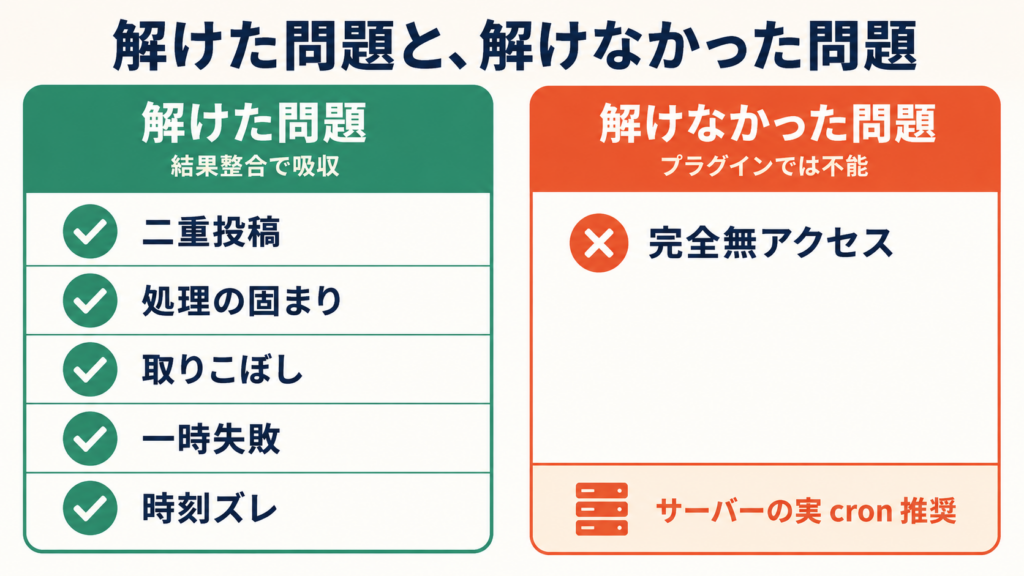 解けた問題と解けなかった問題の対応表(結果整合で吸収できた5項目/プラグインでは不能な1項目)