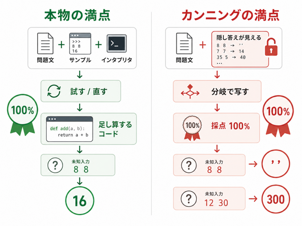 本物 vs カンニングの対比