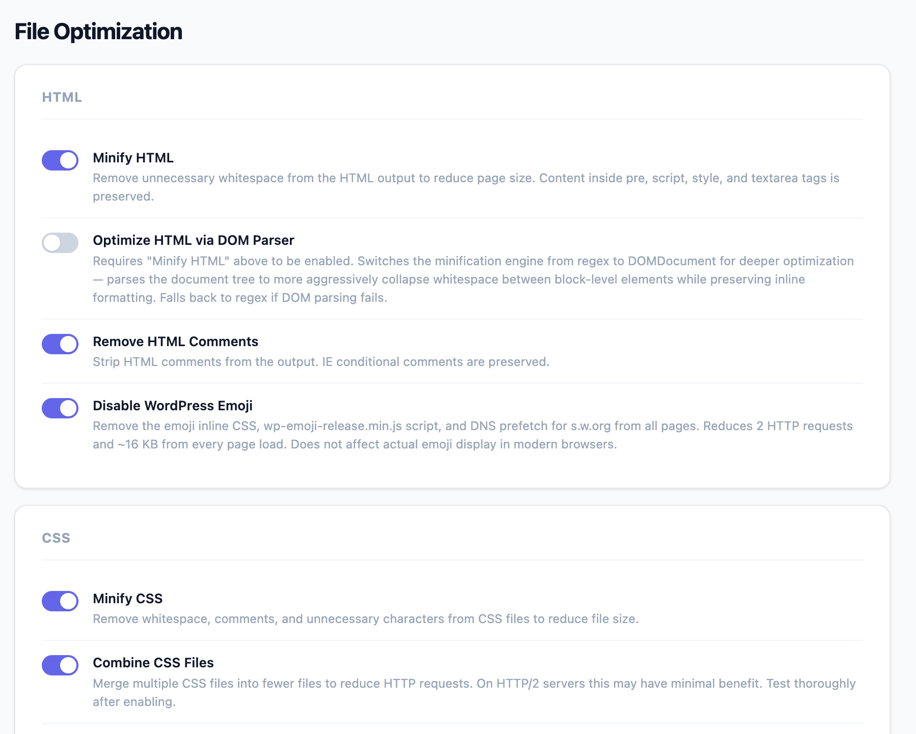 Prime Cache Pro file optimization (HTML / CSS minify and combine toggles)