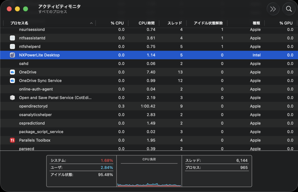 アクティビティモニタの「種類(Kind)」列でIntelが見える状態