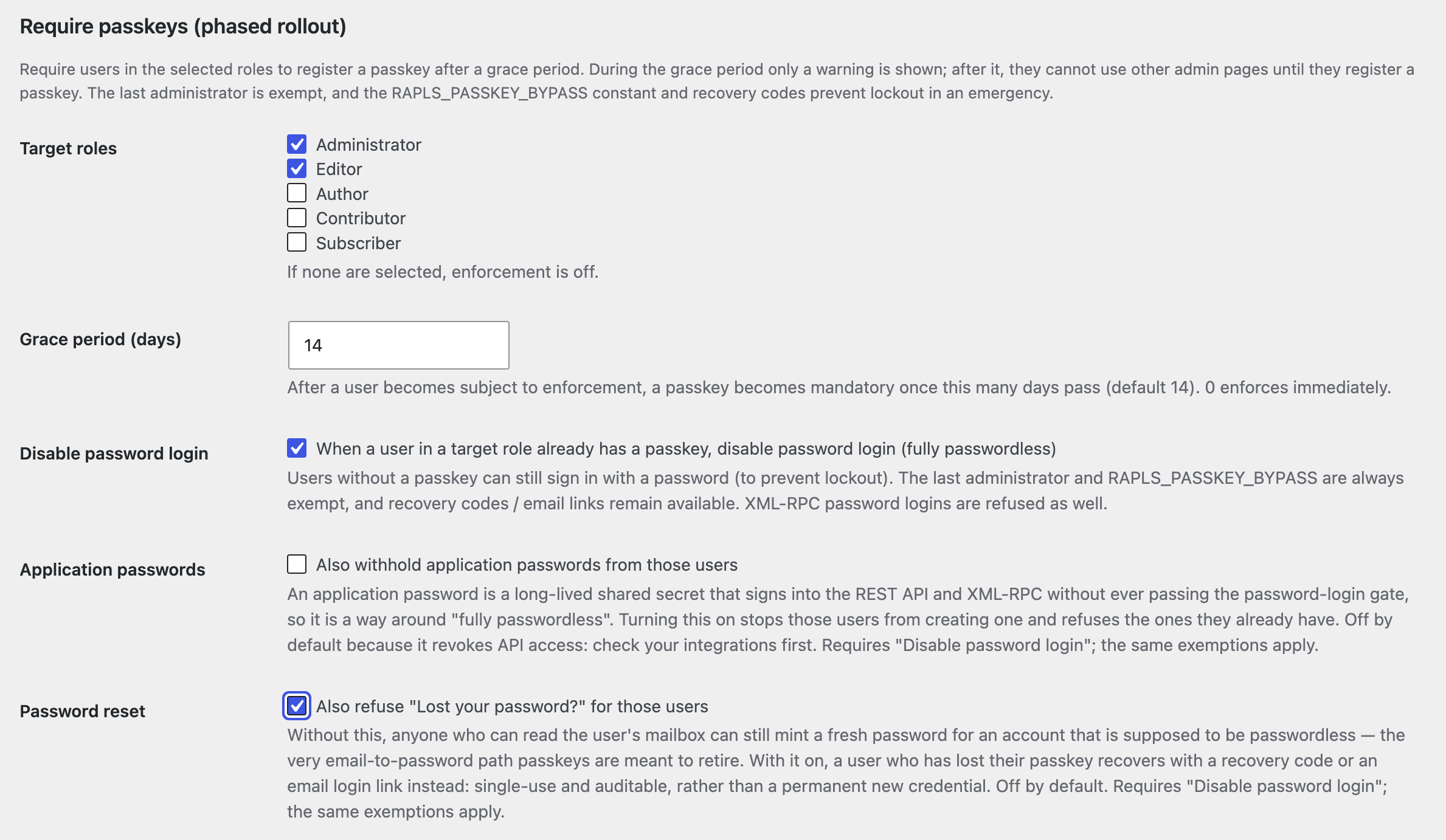 Passkey enforcement settings, with Administrator and Editor targeted, a 14-day grace period, and password login disabled.