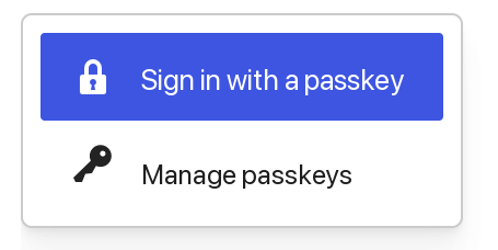 The block inserter showing the Sign in with a passkey and Manage passkeys blocks.