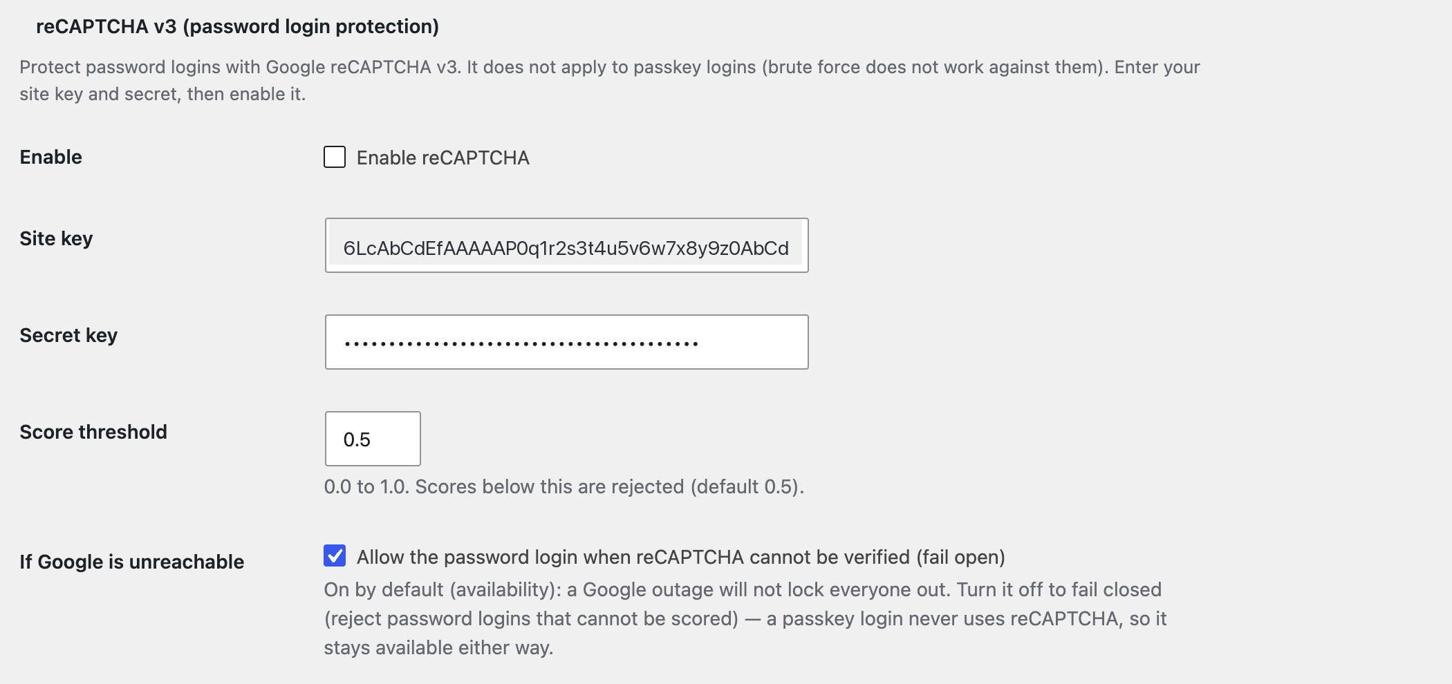 The reCAPTCHA v3 settings: enable, site key, secret key, score threshold and the fail-open option.